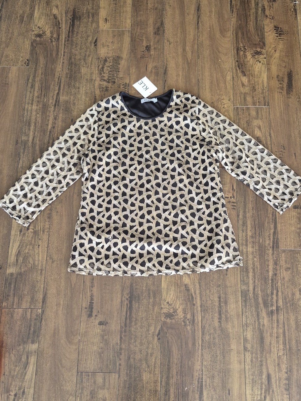 Kleio Black Beige Metallic Mesh Top XL NWT - Picture 3 of 5